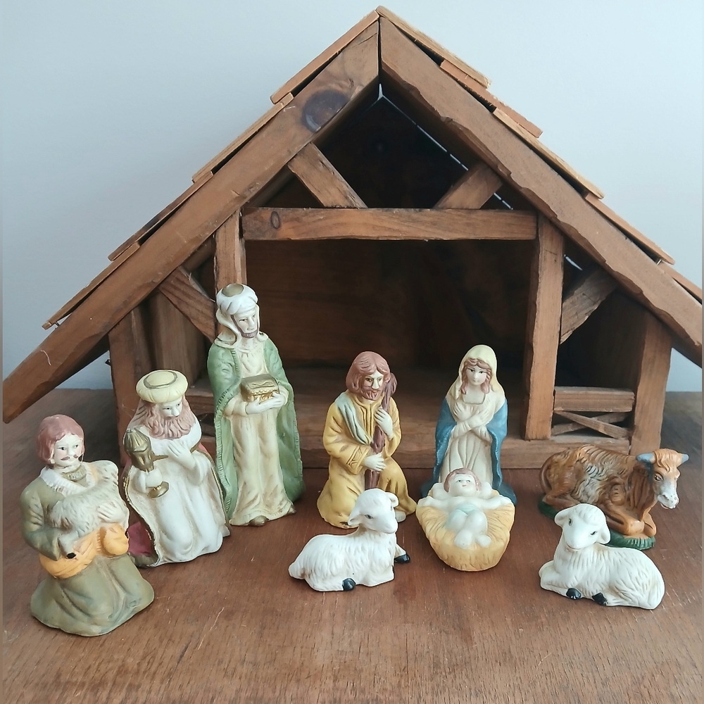 Vintage 9-Piece Porcelain Nativity Set Mary, Joseph, Baby Jesus Christmas Decor